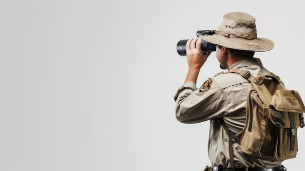 Park Ranger en un uniforme de guardabosques con un sombrero y llevando un binocular aislado sobre un fondo blanco