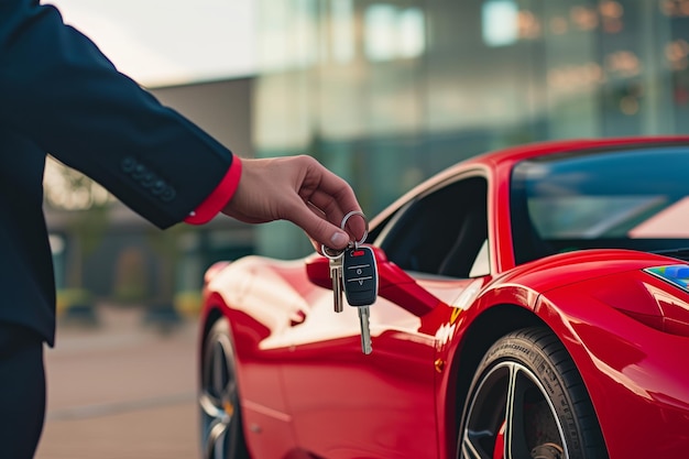 Parkbediensteter überreicht dem Besitzer die Schlüssel eines Sportwagens