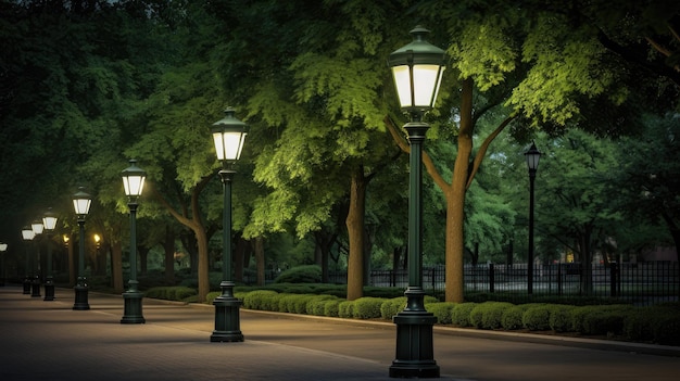 Parkbeleuchtung Diese eleganten Lampenpfosten in grünen öffentlichen Räumen schaffen ein historisches und ruhiges Ambiente, das perfekt ist, um die Schönheit von Stadtparks und Gehwegen zu verbessern