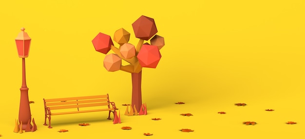 Parken Sie an einem Herbsttag mit umgestürzten Baumblättern, einer Bank und einem Laternenpfahl 3D-Abbildung Textfreiraum