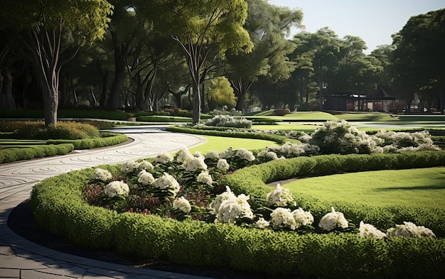 Foto parken sie im freien gepflegten rasen und blumenbeet mit generativer ki