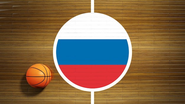 Parkettbodenzentrum des Basketballplatzes mit Flagge Russlands