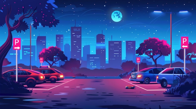 Parkplatz eines öffentlichen Stadtparks in der Nacht Karikatur moderne Dämmerung Landschaft mit Fahrzeugen auf Asphalt Straßenschilder und Zone Layout unter Mondlicht mit Wolkenkratzern im Hintergrund