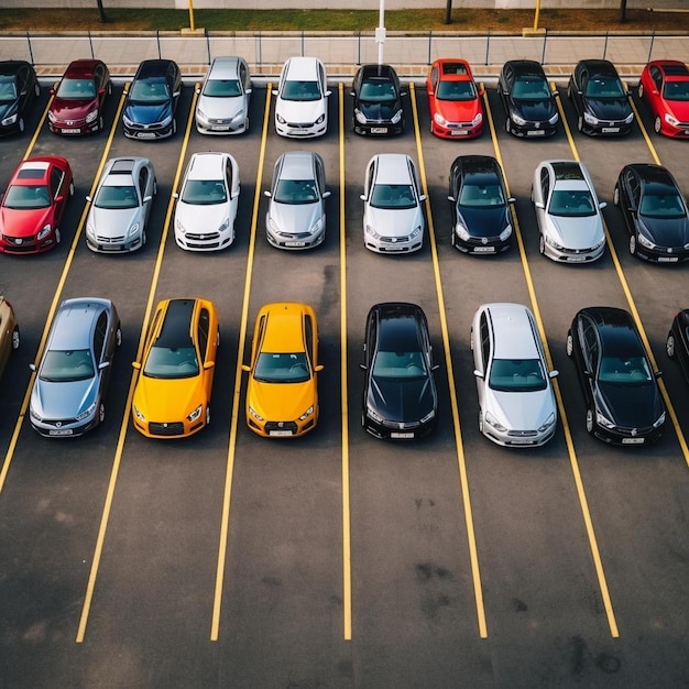 Foto parkplatz mit einer reihe verschiedener autos gebrauchtfahrzeug zum verkauf kopie-paste auto-marktplatz