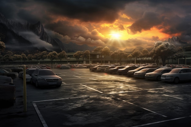 Parkplatz vor den Bergen bei Sonnenuntergang 3D-Rendering Parkplatz am Ende des Tages KI-generiert