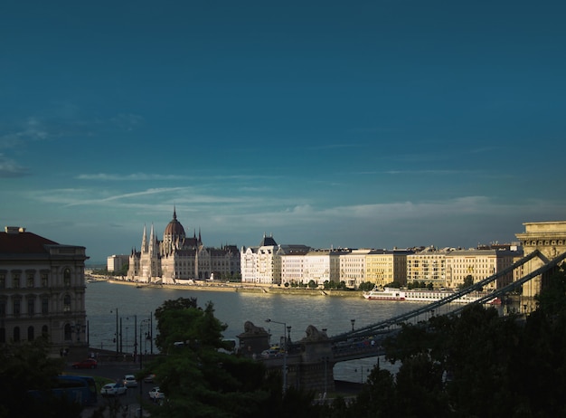 Parlamentsgebäude bei Sonnenuntergang, Vogelperspektive vom königlichen Schloss