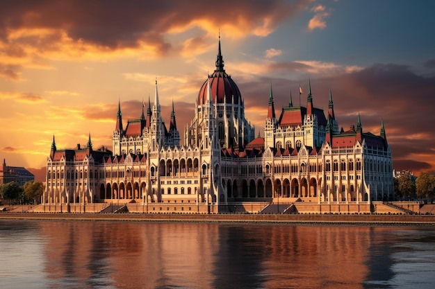 Parlamentsgebäude in Budapest Ungarn bei Sonnenuntergang mit Spiegelung in der Donau Schönes Parlamentsgebäude in Budapest, beliebtes Reiseziel KI-generiert