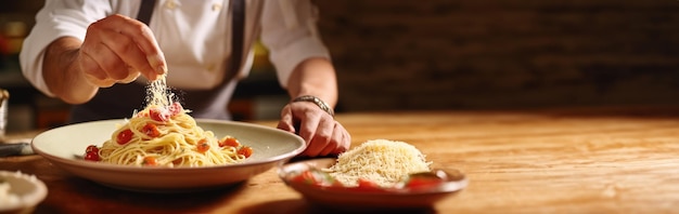 Parmesan Perfection Chef añadiendo queso parmesano a una pasta carbonara sobre una mesa de madera