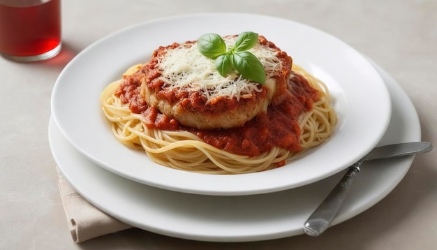 Parmigiana de vitela com espaguete em molho de tomate