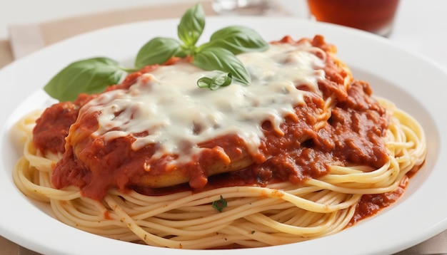 Parmigiana de ternera con espagueti en salsa de tomate