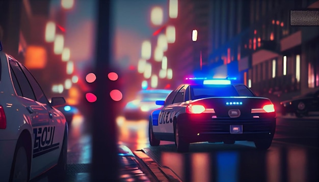 Parpadeador de luz azul en la parte superior de un coche de policía Luces de la ciudad en el fondo