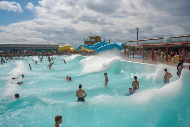 Parque acuático con una enorme piscina de olas con olas rompiendo y gente saltando creada con IA generativa