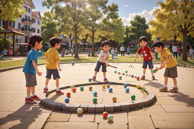 Parque al aire libre con niños jugando a las canicas