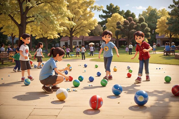 Foto parque al aire libre con niños jugando a las canicas