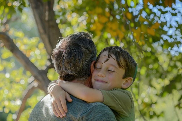 Foto un parque al aire libre un padre e hijo disfrutando de la naturaleza abrazándose y jugando juntos con felicidad risas y amor familiar se captura en esta imagen de un beso de unión y un abrazo de niño