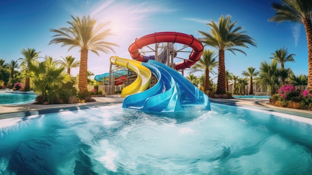 Foto parque aquático com tobogã colorido e palmeiras ai
