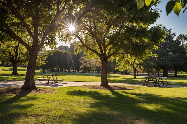 Foto un parque con un árbol y mesas de picnic y el sol brillando a través de los árboles