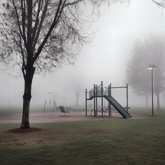 Foto parque de árboles al atardecer con niebla