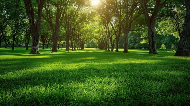 Parque de árboles, hierba verde y sol en un bosque de verano