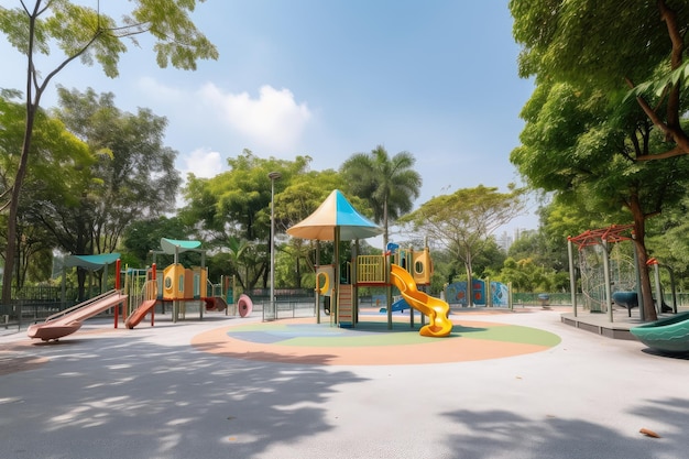 Parque con área de juegos para niños y cancha de básquetbol cercana para un divertido día en familia