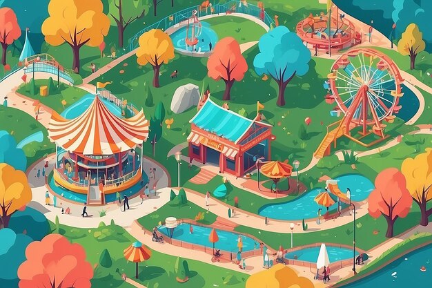 Parque de atracciones en estilo vectorial plano y colorido