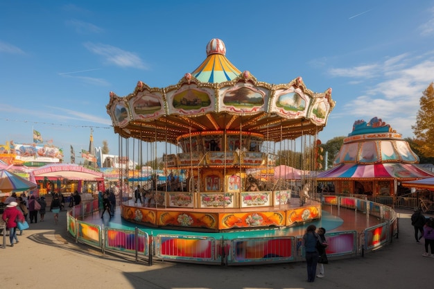 Foto parque de atracciones montañas rusas carrusel y risa contagiosa en una escena mágica generativa ia