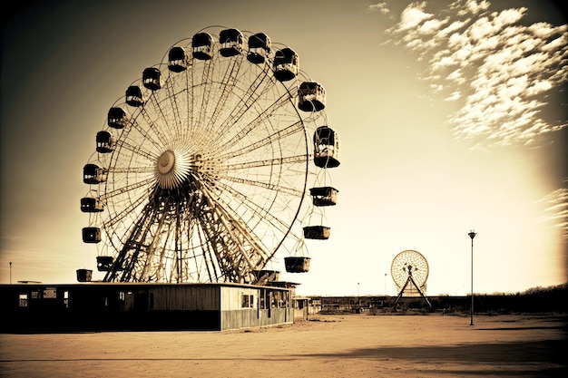 Parque de atracciones vacío y gran noria redonda creada con ai generativo