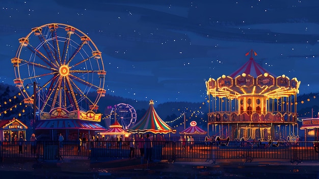 Parque de atracciones vibrante por la noche con atracciones iluminadas y puestos atmósfera festiva colorida capturada en estilo ilustrativo perfecto para conceptos de entretenimiento familiar IA