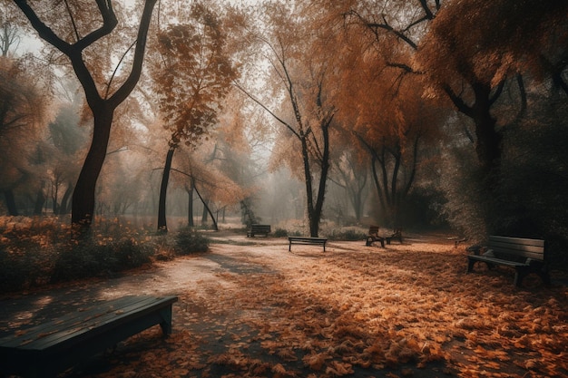 Un parque con un banco y árboles cubiertos de hojas de naranja