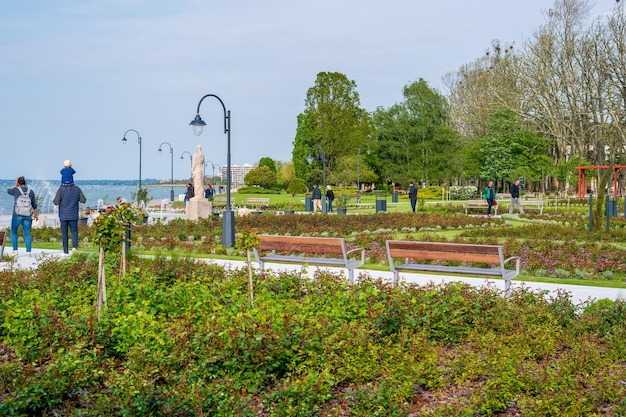 Un parque con un banco y flores delante.