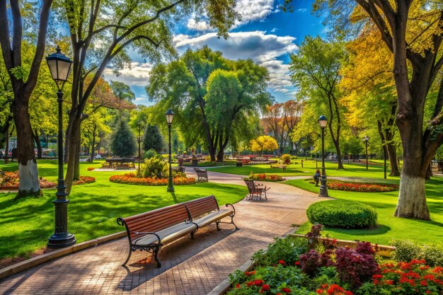 Foto un parque con bancos y un parque con un parque en el fondo