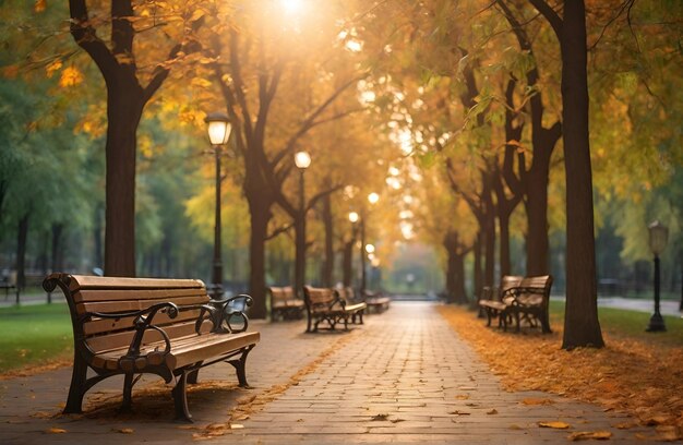 Parque de la ciudad con bancos y linternas de luz otoño húmedo después de bonito fondo generativo por Ai