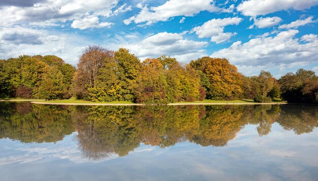 Parque de la ciudad en Munich Alemania Campo de hierba árboles y reflejos en un estanque