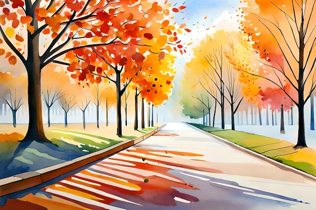 Parque de la ciudad en otoño Ilustración de IA generativa de estilo de pintura de acuarela