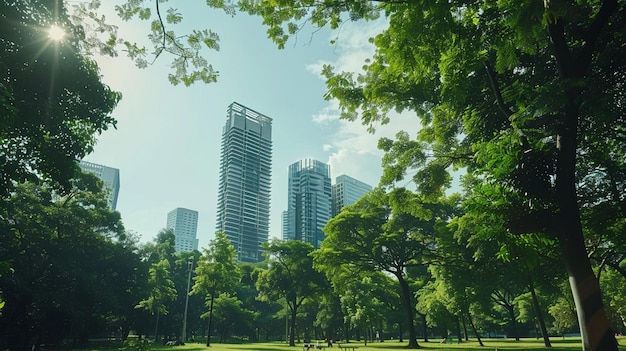 Foto parque de la ciudad rascacielos paisaje parque urbano con edificios altos de fondo