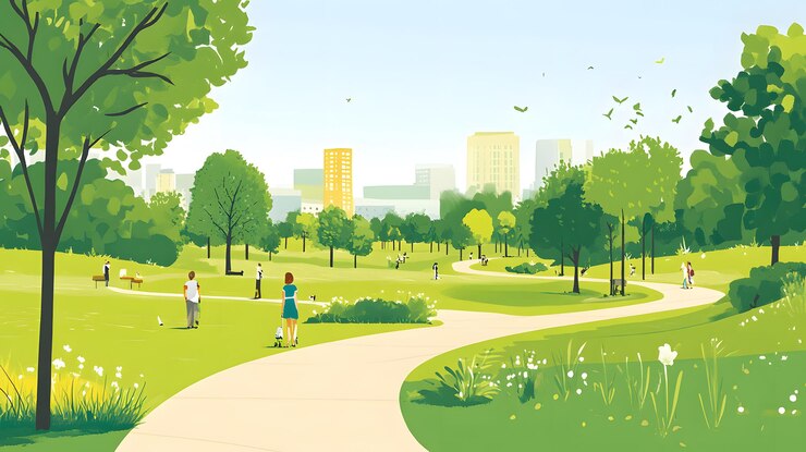 Un parque de la ciudad con senderos sinuosos y exuberante vegetación