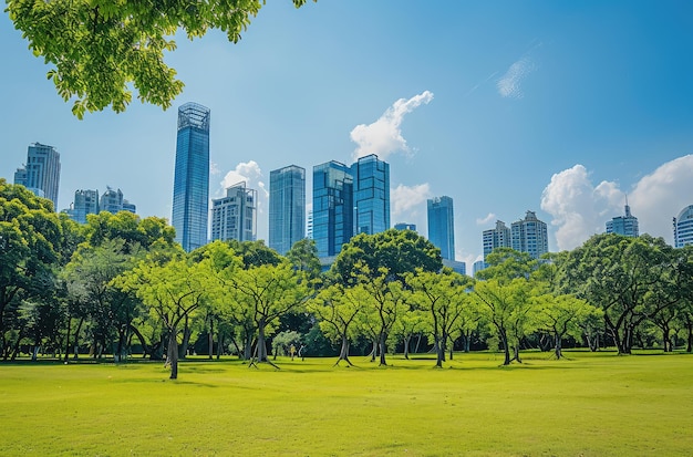 Parque de la ciudad verde con rascacielos urbanos en el fondo