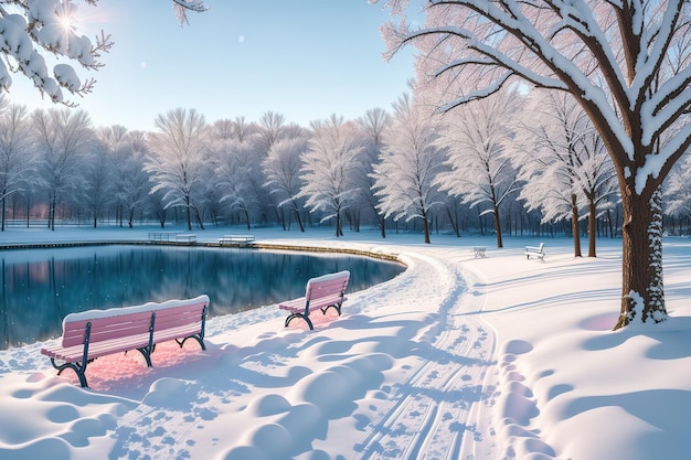 Parque coberto de neve com um lago e bancos