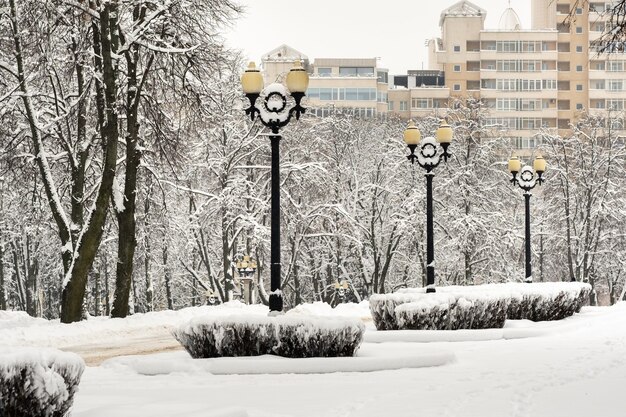 Parque coberto de neve no centro de minsk, bielorrússia