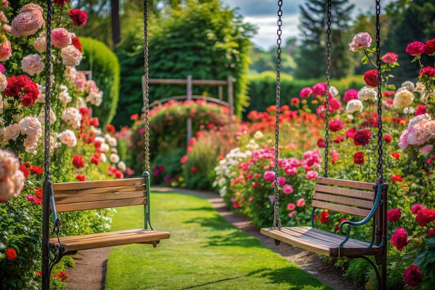 un parque con un columpo y flores y un columpo con un banco en el medio