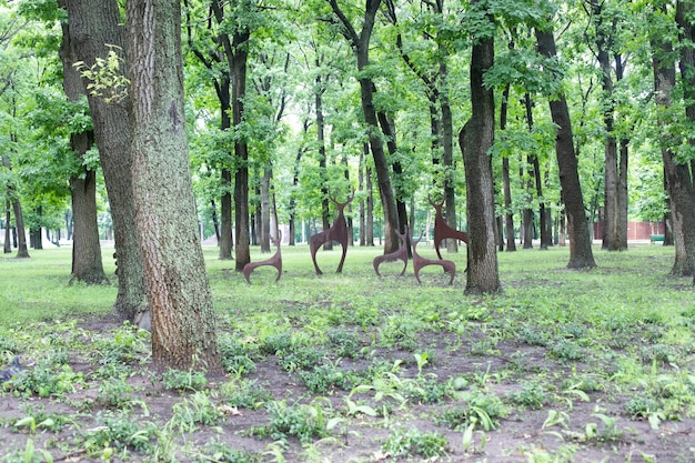 Parque com árvores e estátuas com família de veados