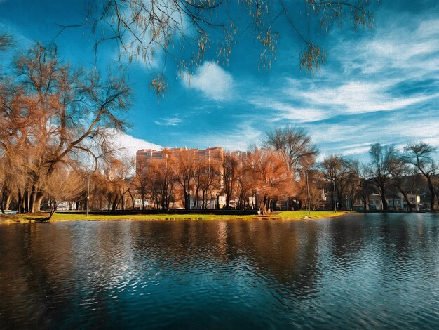 Parque da cidade de outono com uma grande ilustração de lago