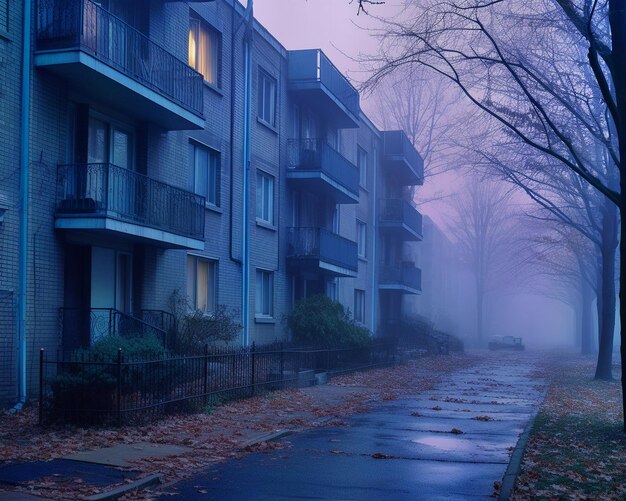 parque de árvores ao entardecer com neblina