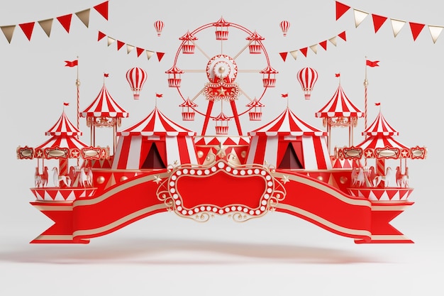 parque de diversões 3d, circo, pódio do tema da feira de carnaval com muitos passeios e tenda de circo de lojas