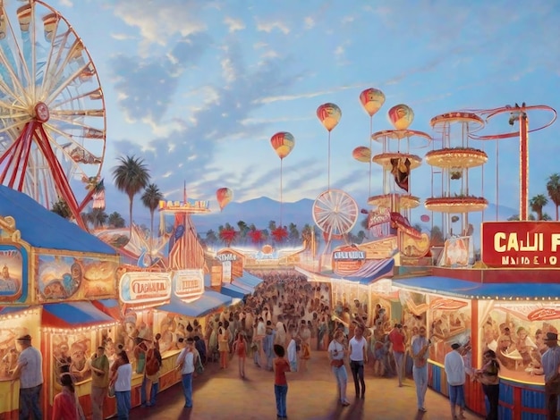 Foto parque de diversões com circo e roda gigante e trabalho de incêndio