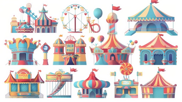 Parque de diversões com tendas de feira de festivais e atrações sinais e balões conjunto de desenhos animados modernos de carnaval tendas de funfair tenda de circo e cabine de bilhetes