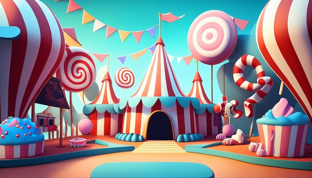 Parque de diversões de carnaval de estilo cartoon colorido e fundo de parque de diversões IA generativa