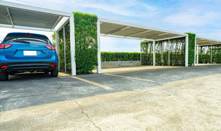 Foto parque de estacionamento com espaço vazio zona de estacionamento num dia ensolarado de verão e espaço vazio rearview of blue