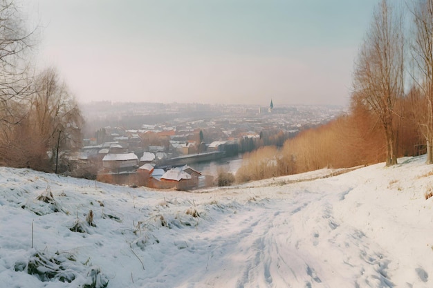 Parque de inverno à noite com árvores cobertas de bancos de neve e lanternas Foto HD gerada por IA