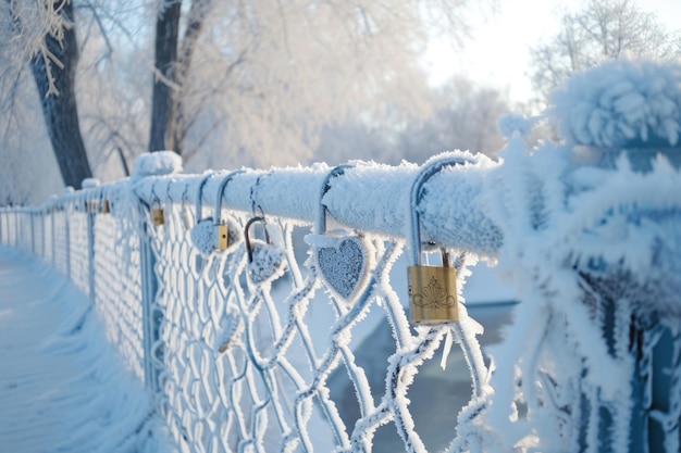 Parque de inverno adornado com geada branca e cadeados de amor